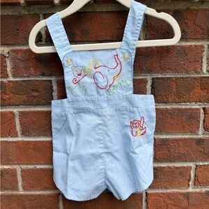 Vintage 90s Blue Shortalls Embroidered Jungle Elephant Monkey Overalls Size 0-3